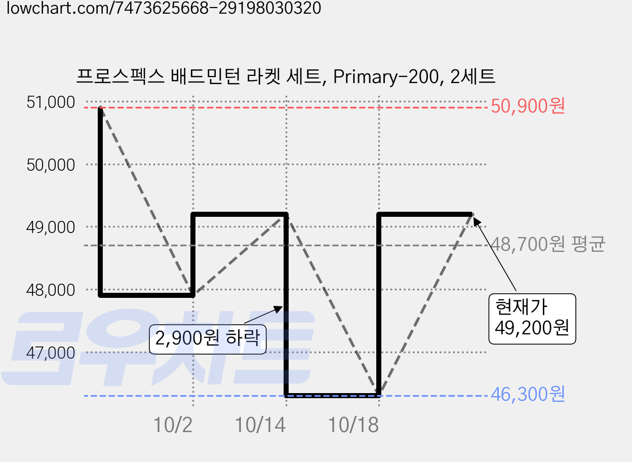 프로스펙스 배드민턴 라켓 세트, Primary-200, 2세트 가격 변동 차트, 현재가 49,200원, 관측 최저가 46,300원