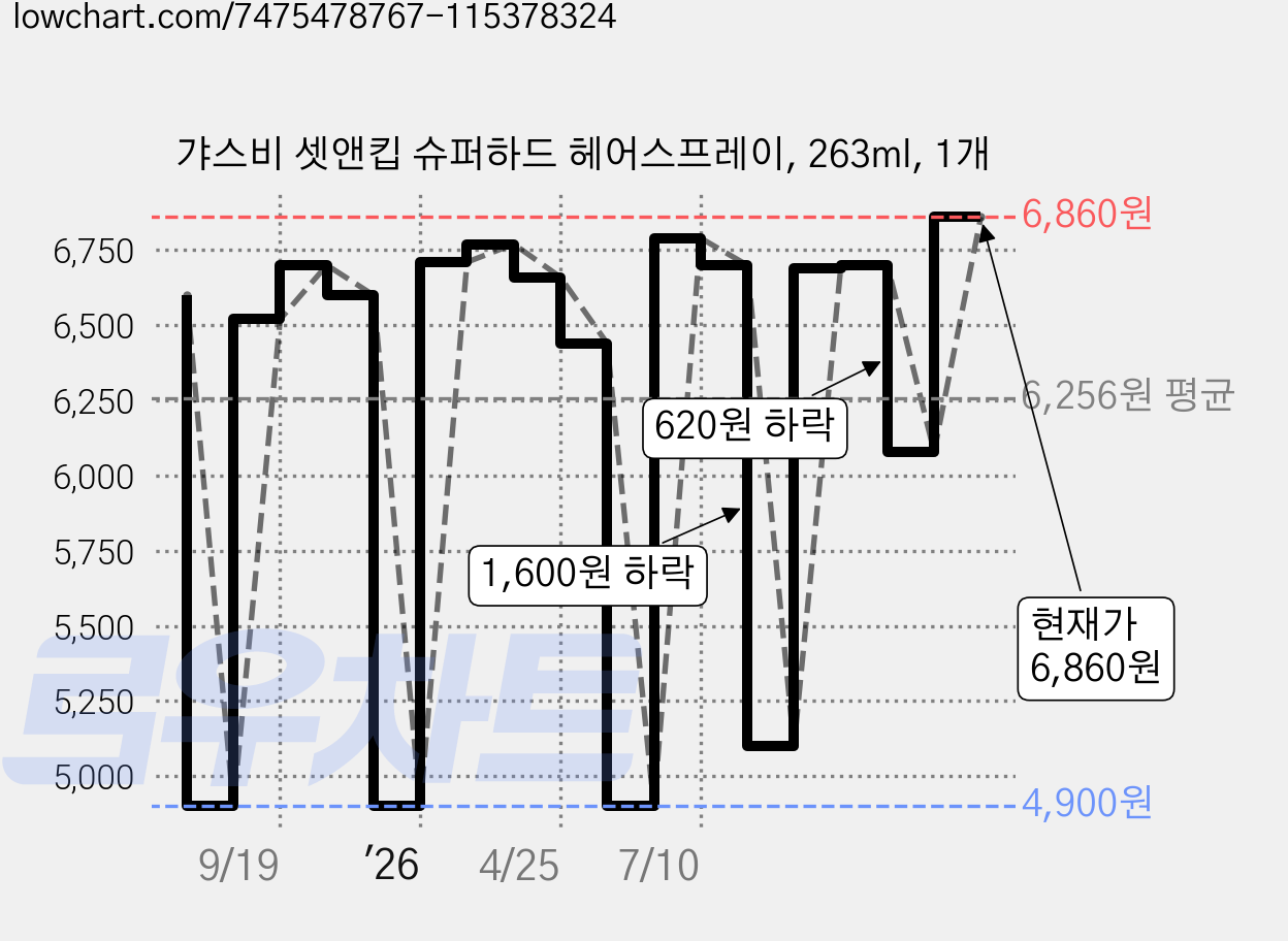 갸스비 셋앤킵 슈퍼하드 헤어스프레이, 263ml, 1개 가격 변동 차트, 현재가 6,860원, 관측 최저가 4,900원