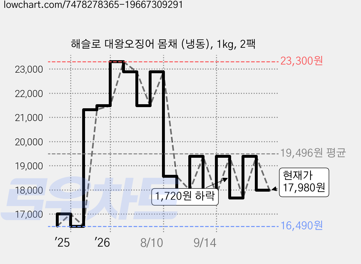해슬로 대왕오징어 몸채 (냉동), 1kg, 2팩 가격 변동 차트, 현재가 17,980원, 관측 최저가 16,490원