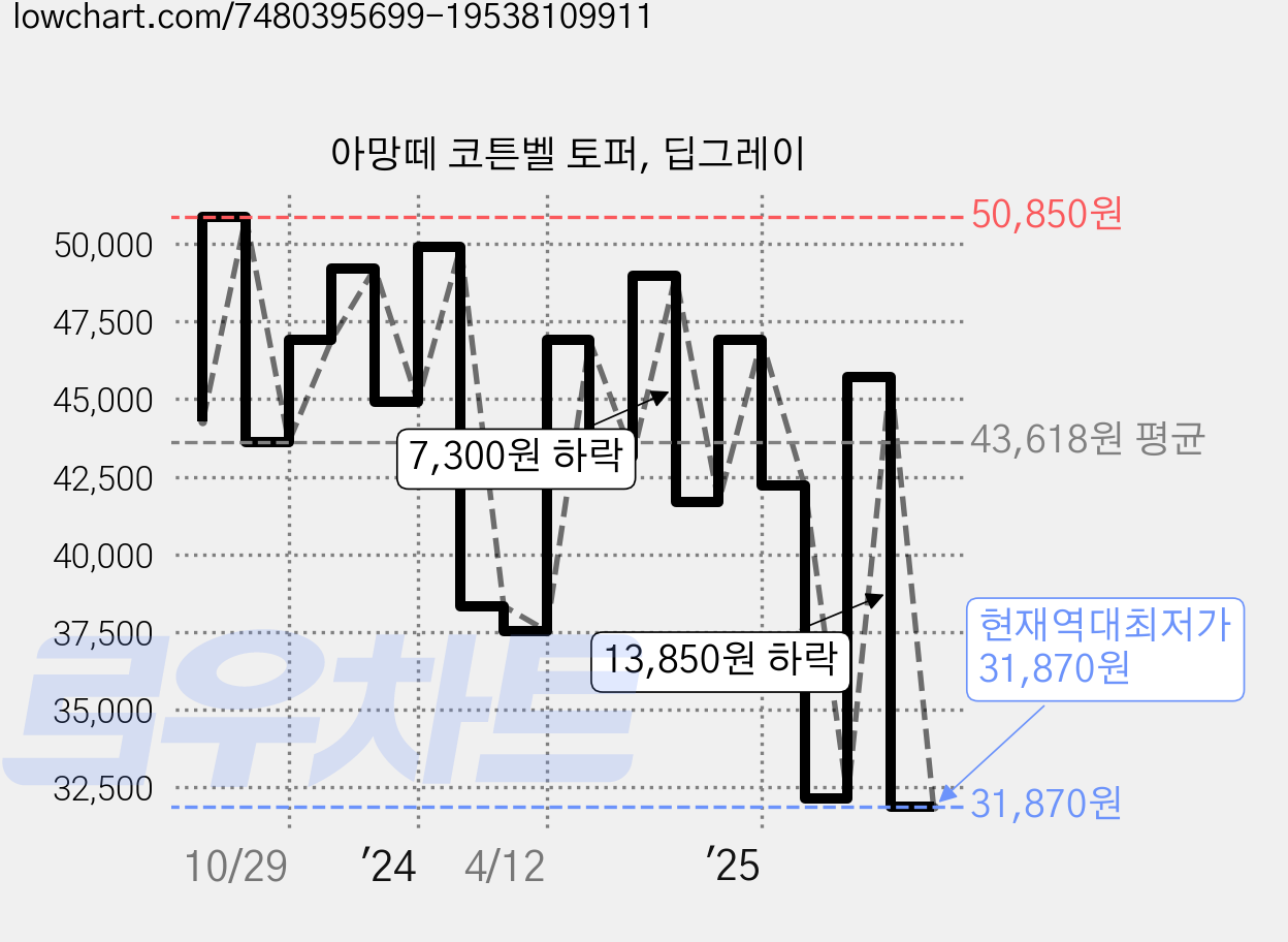아망떼 코튼벨 토퍼, 딥그레이 가격 변동 차트, 현재가 31,870원, 역대최저가