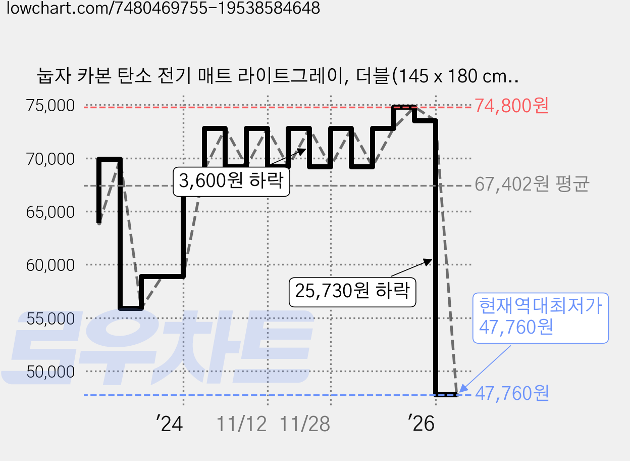 눕자 카본 탄소 전기 매트 라이트그레이, 더블(145 x 180 cm) 가격 변동 차트, 현재가 47,760원, 역대최저가