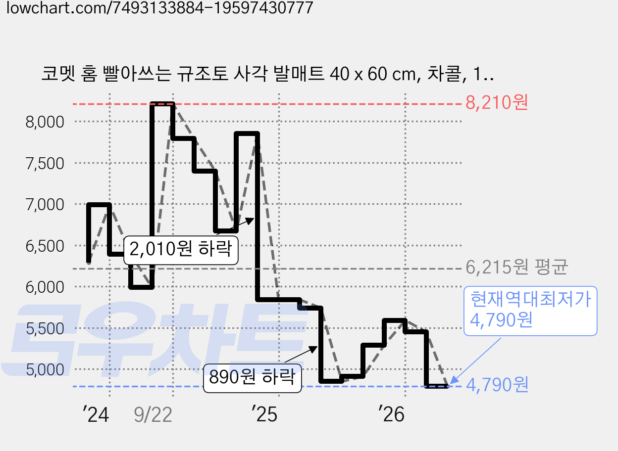 코멧 홈 빨아쓰는 규조토 사각 발매트 40 x 60 cm, 차콜, 1개 가격 변동 차트, 현재가 4,790원, 역대최저가