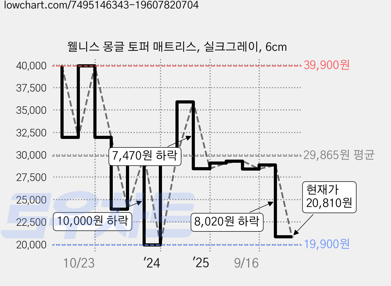 웰니스 몽글 토퍼 매트리스, 실크그레이, 6cm 가격 변동 차트, 현재가 20,810원, 관측 최저가 19,900원