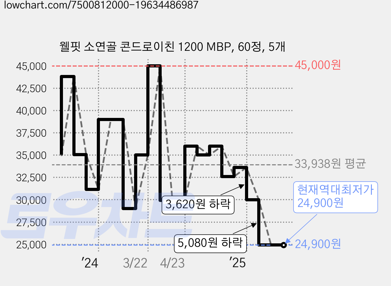 웰핏 소연골 콘드로이친 1200 MBP, 60정, 5개 가격 변동 차트, 현재가 24,900원, 역대최저가