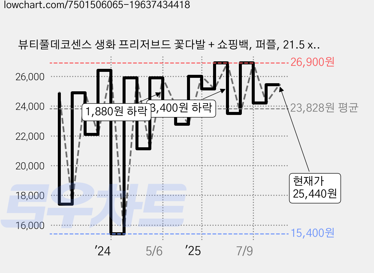뷰티풀데코센스 생화 프리저브드 꽃다발 + 쇼핑백, 퍼플, 21.5 x 37 cm 가격 변동 차트, 현재가 25,440원, 관측 최저가 15,400원