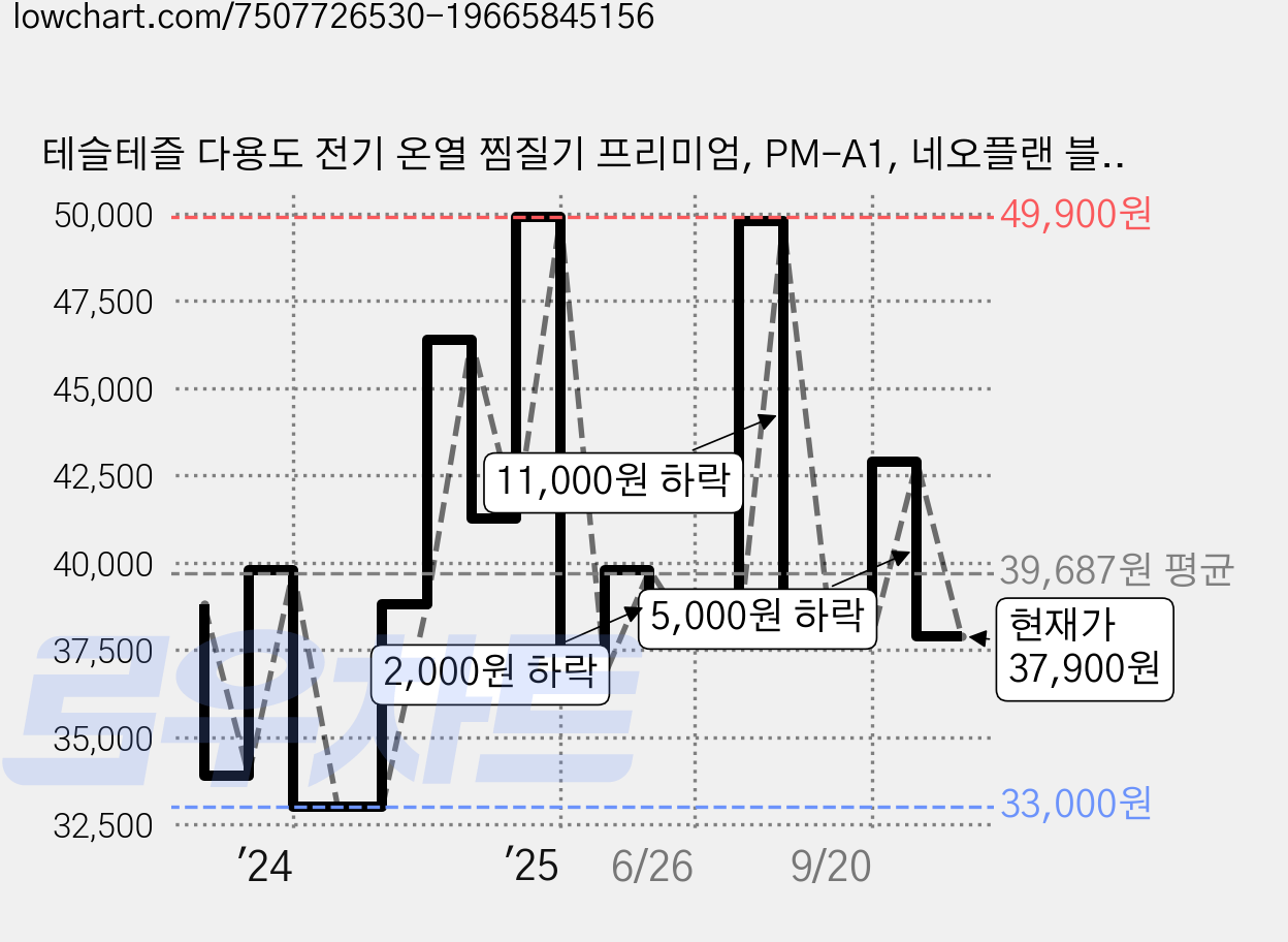 테슬테즐 다용도 전기 온열 찜질기 프리미엄, PM-A1, 네오플랜 블랙 가격 변동 차트, 현재가 37,900원, 관측 최저가 33,000원