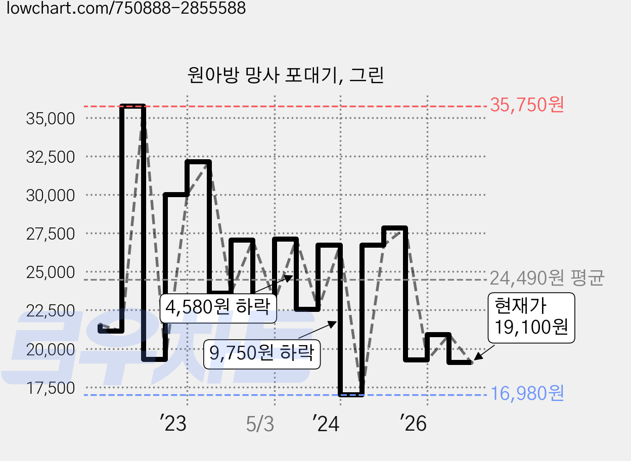 원아방 망사 포대기, 그린 가격 변동 차트, 현재가 19,100원, 관측 최저가 16,980원