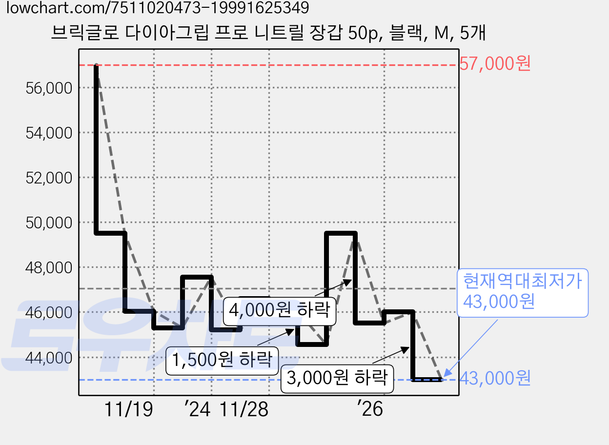 브릭글로 다이아그립 프로 니트릴 장갑 50p, 블랙, M, 5개 가격 변동 차트, 현재가 43,000원, 역대최저가