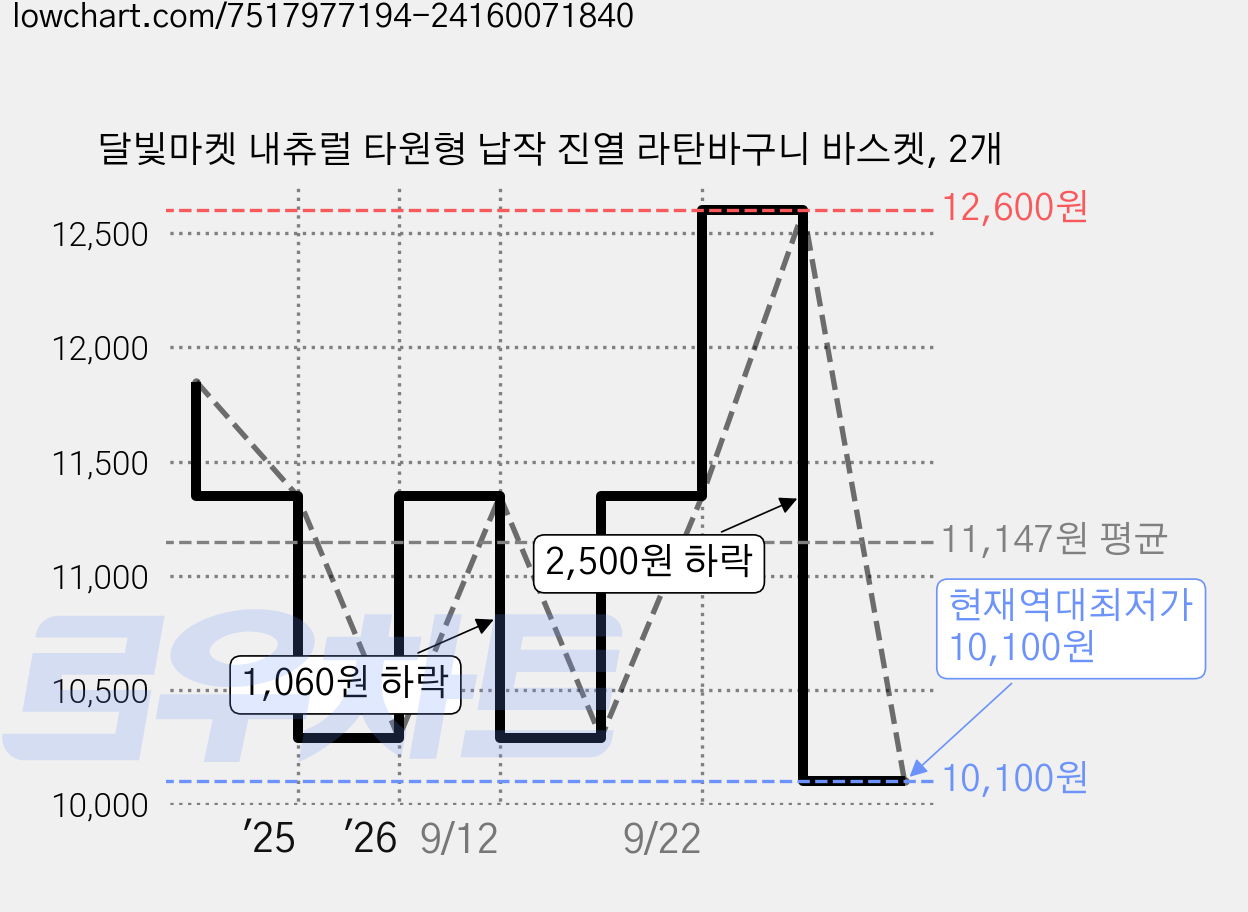 달빛마켓 내츄럴 타원형 납작 진열 라탄바구니 바스켓, 2개 가격 변동 차트, 현재가 10,100원, 역대최저가