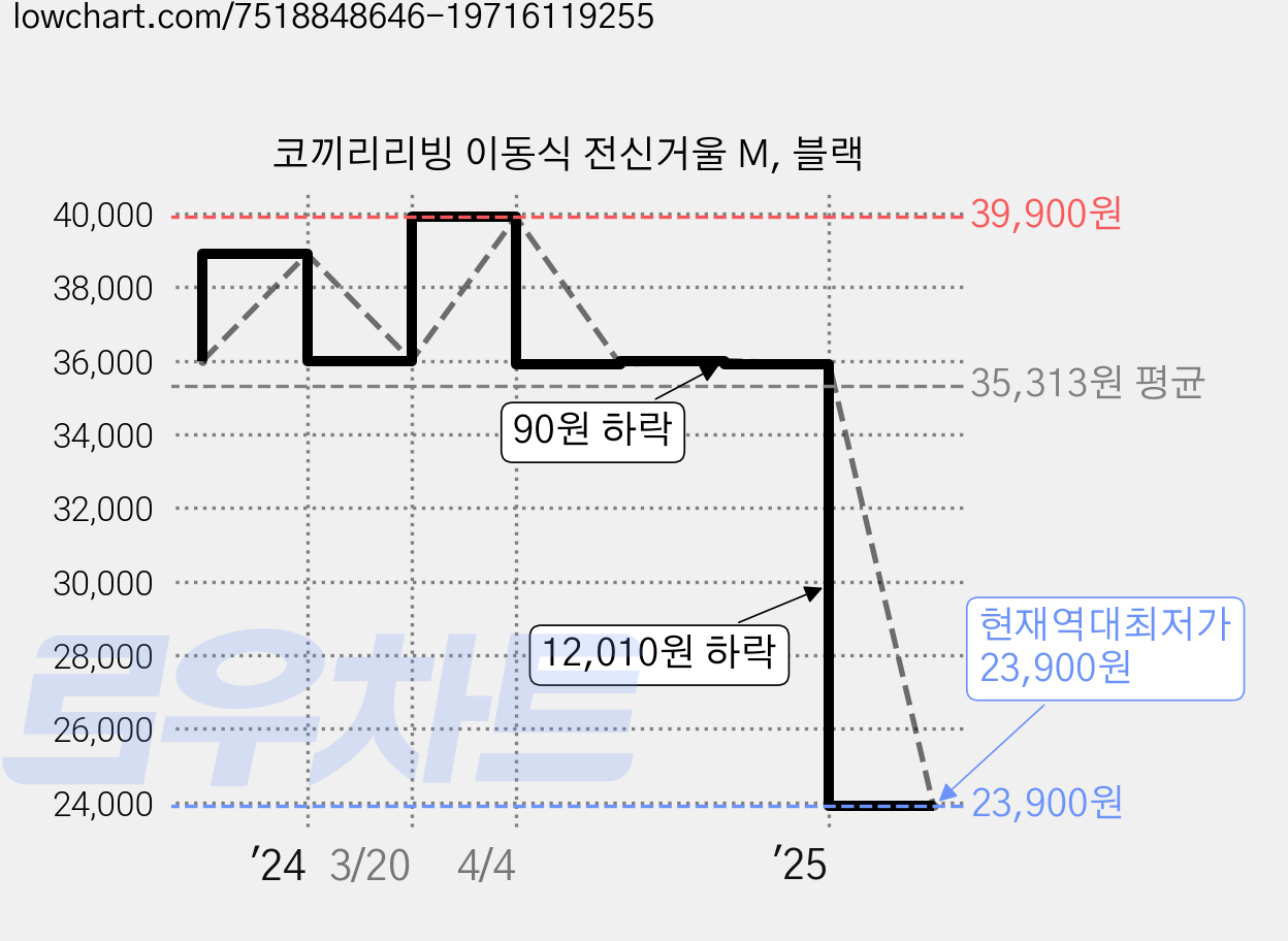 코끼리리빙 이동식 전신거울 M, 블랙 가격 변동 차트, 현재가 23,900원, 역대최저가