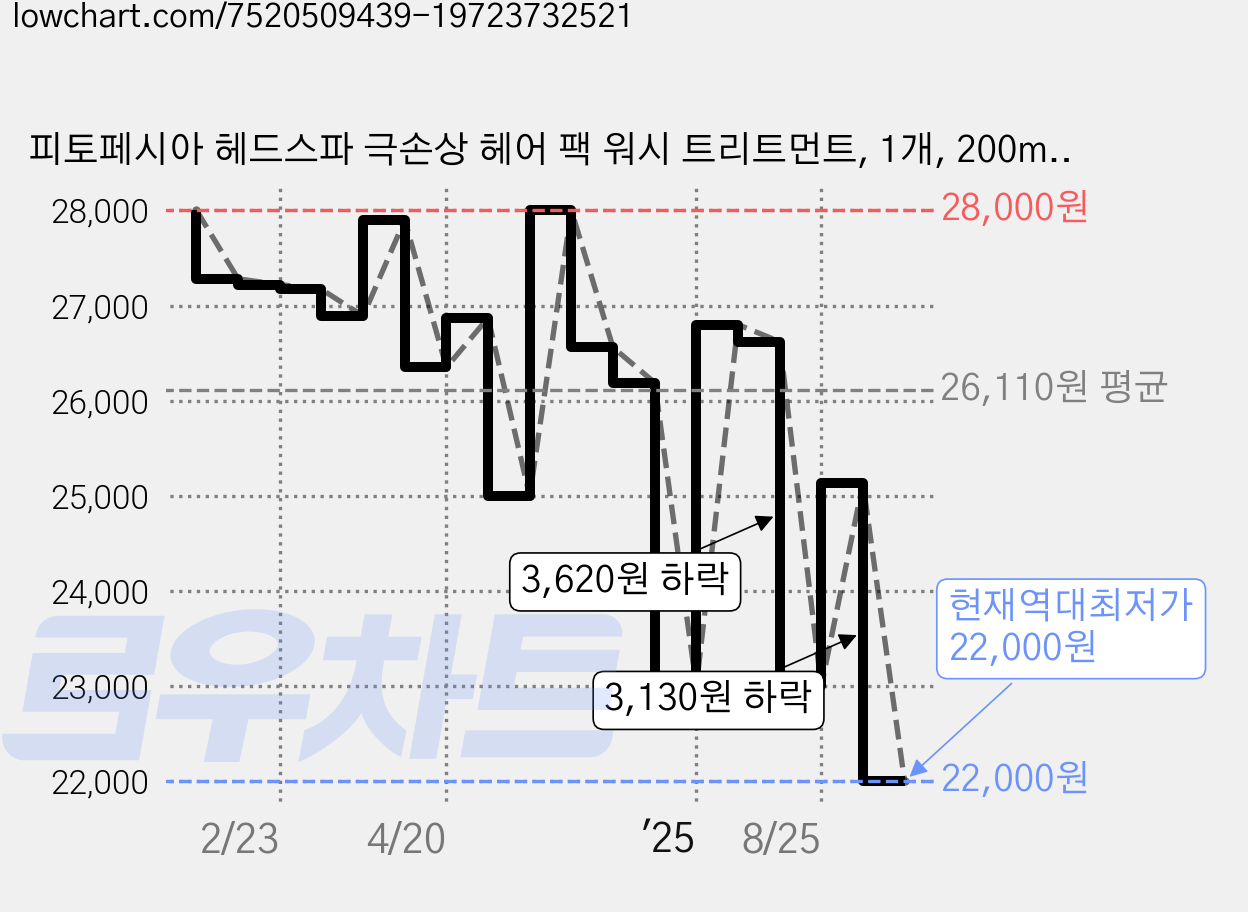 피토페시아 헤드스파 극손상 헤어 팩 워시 트리트먼트, 1개, 200ml 가격 변동 차트, 현재가 22,000원, 역대최저가