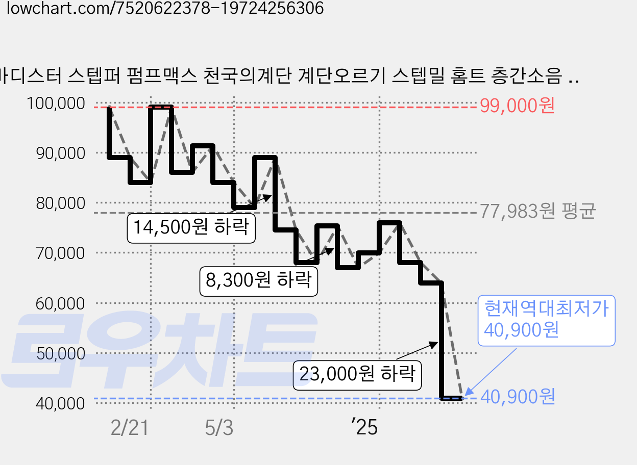 바디스터 스텝퍼 펌프맥스 천국의계단 계단오르기 스텝밀 홈트 층간소음 없는 운동 기구, 그레이 가격 변동 차트, 현재가 40,900원, 역대최저가