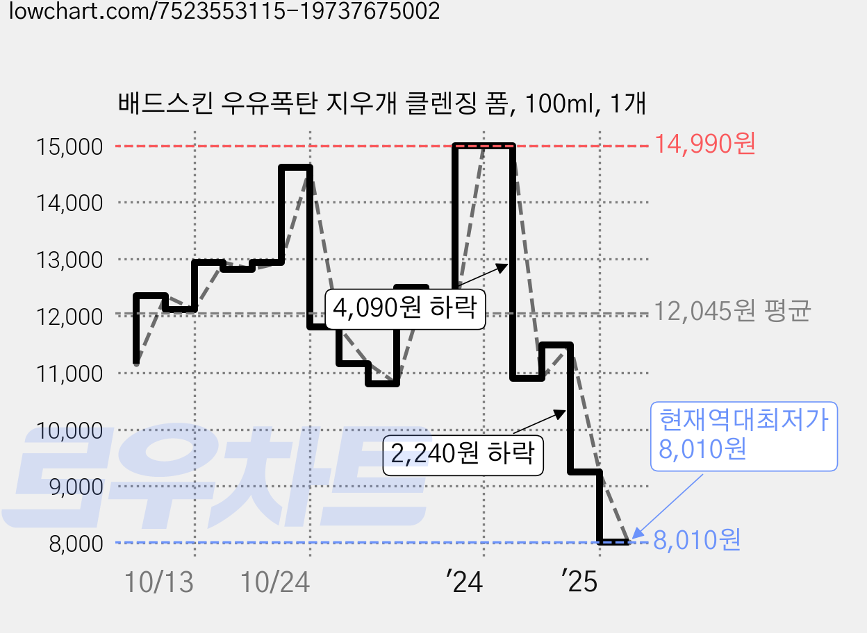 배드스킨 우유폭탄 지우개 클렌징 폼, 100ml, 1개 가격 변동 차트, 현재가 8,010원, 역대최저가