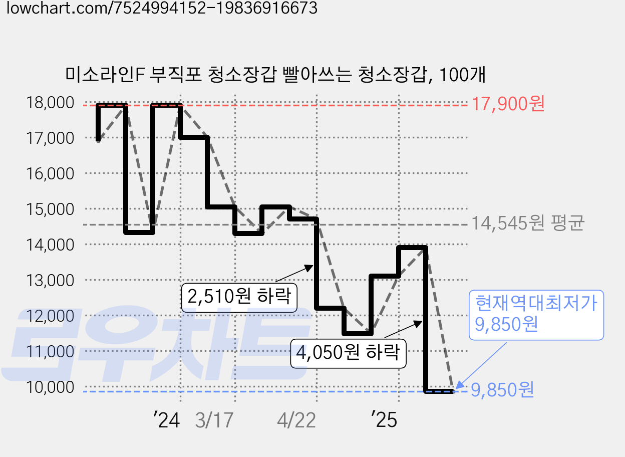미소라인F 부직포 청소장갑 빨아쓰는 청소장갑, 100개 가격 변동 차트, 현재가 9,850원, 역대최저가