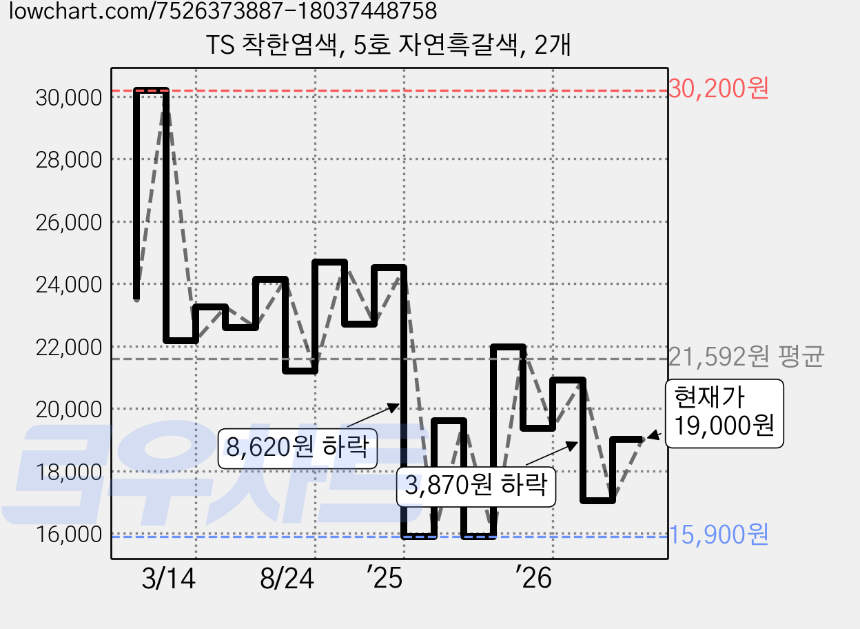 TS 착한염색, 5호 자연흑갈색, 2개 가격 변동 차트, 현재가 19,000원, 관측 최저가 15,900원