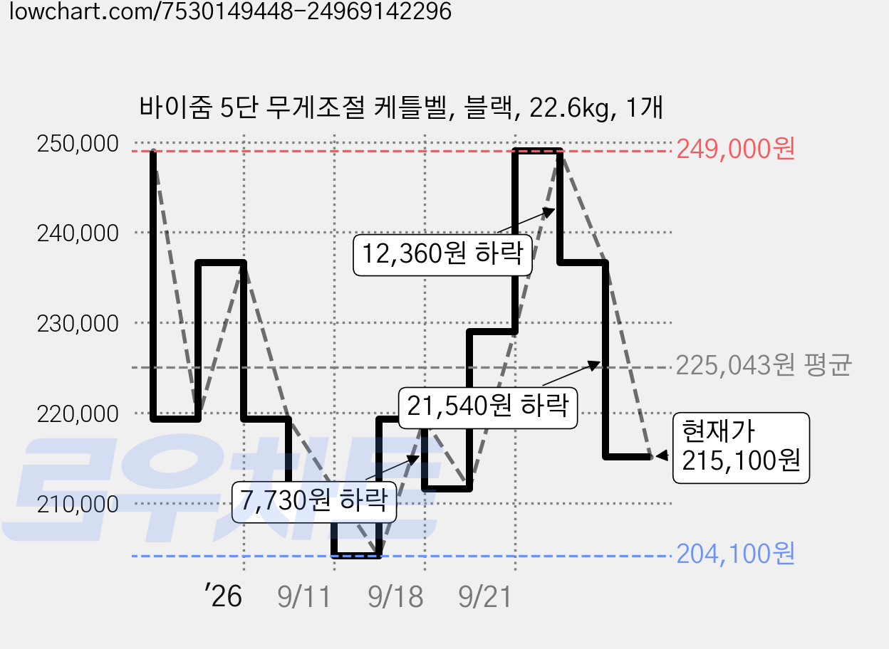 바이줌 5단 무게조절 케틀벨, 블랙, 22.6kg, 1개 가격 변동 차트, 현재가 215,100원, 관측 최저가 174,370원