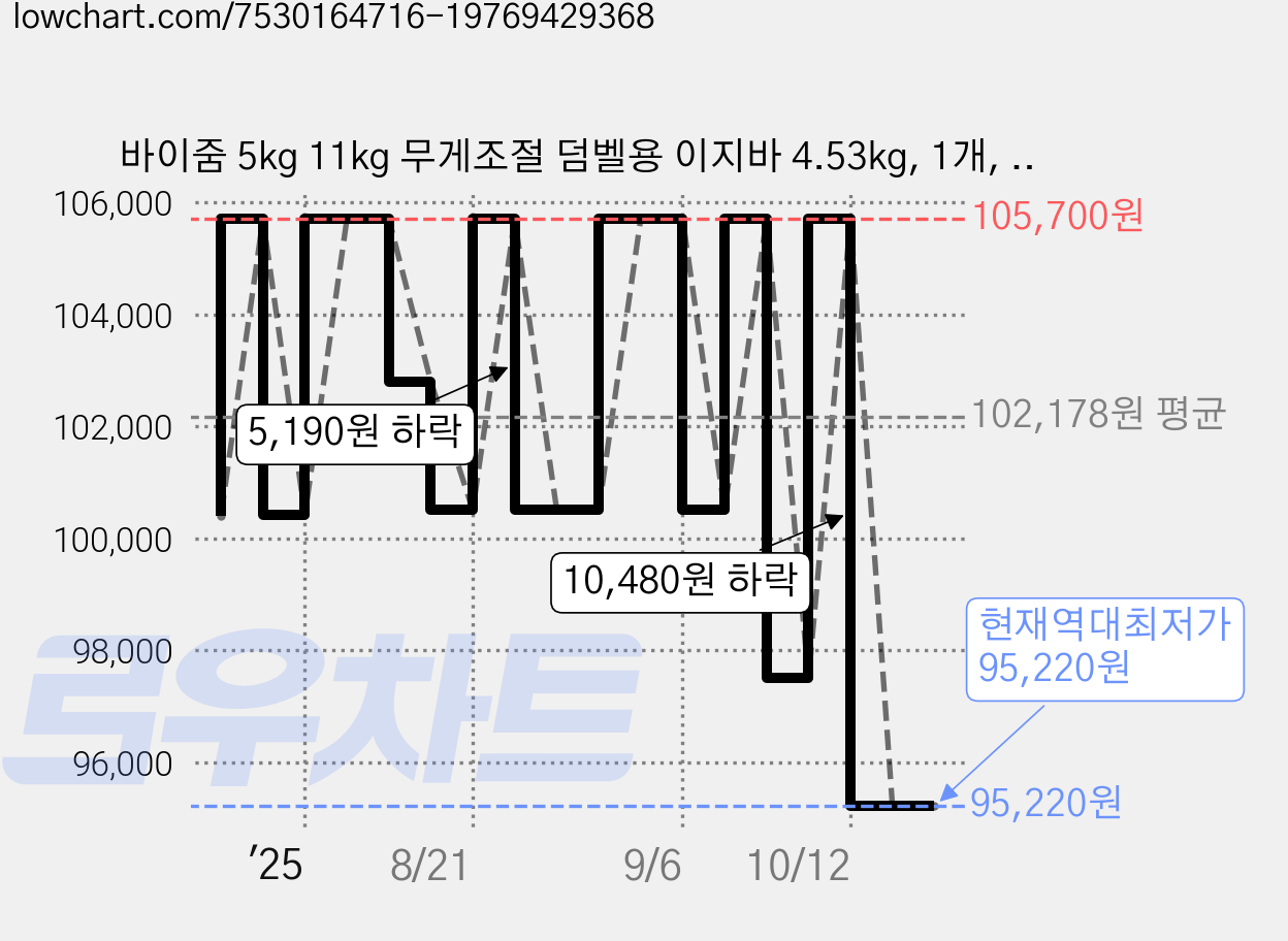 바이줌 5kg 11kg 무게조절 덤벨용 이지바 4.53kg, 1개, 화이트 가격 변동 차트, 현재가 95,220원, 역대최저가