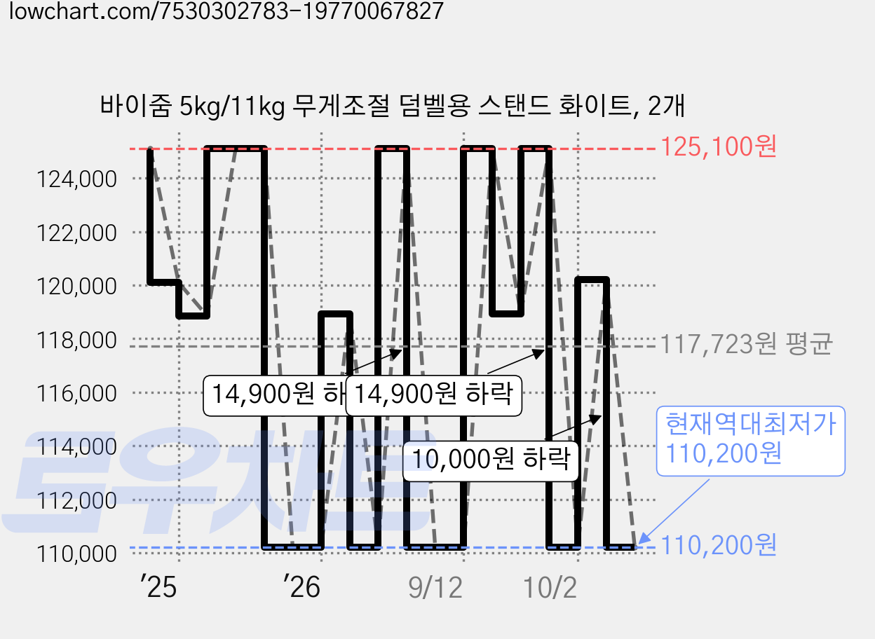 바이줌 5kg/11kg 무게조절 덤벨용 스탠드 화이트, 2개 가격 변동 차트, 현재가 110,200원, 역대최저가