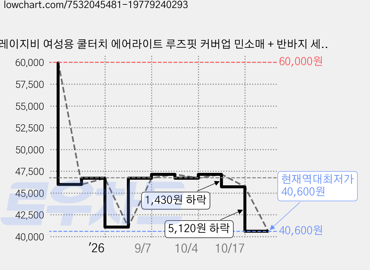 레이지비 여성용 쿨터치 에어라이트 루즈핏 커버업 민소매 + 반바지 세트 가격 변동 차트, 현재가 40,600원, 역대최저가