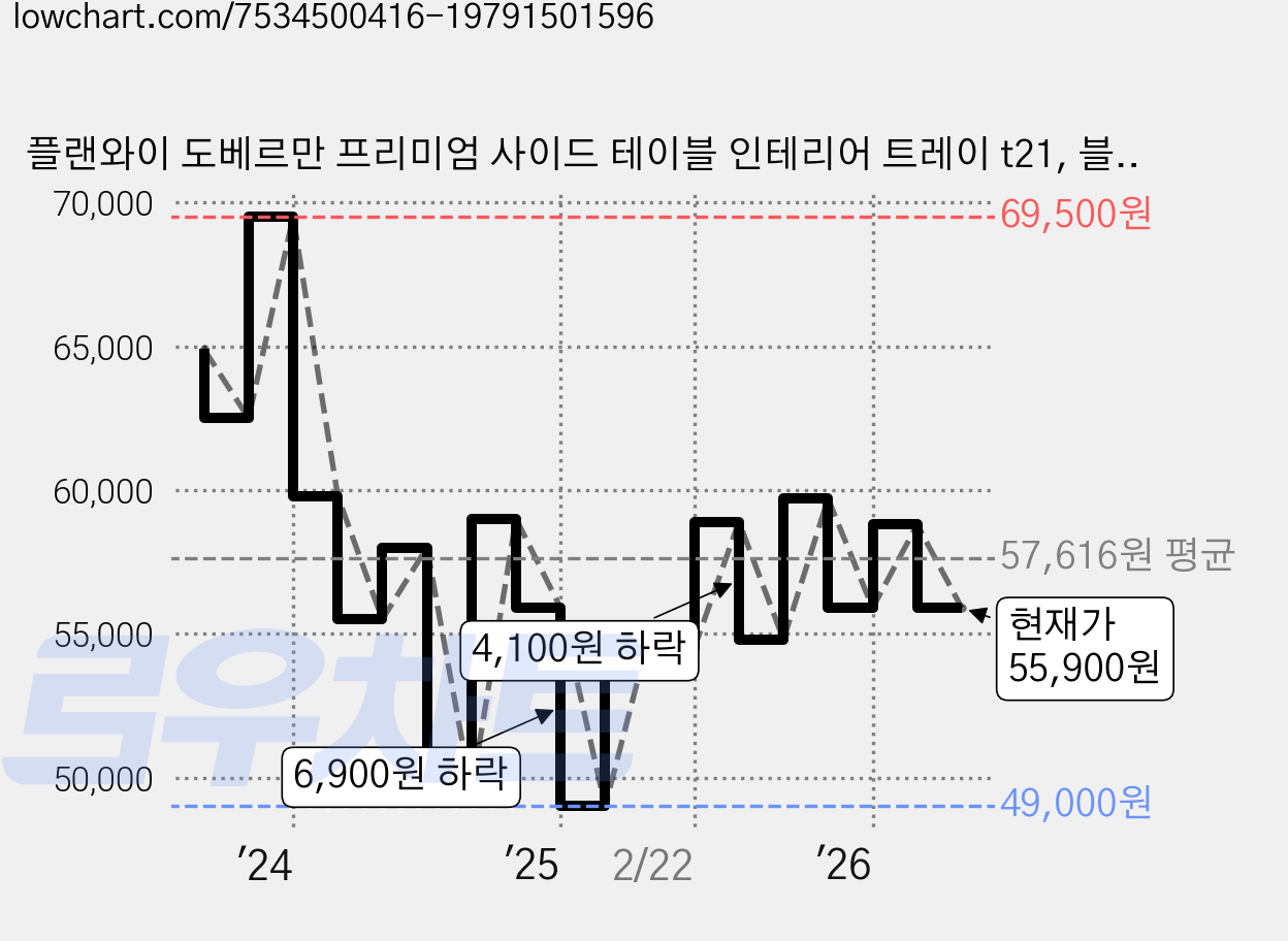 플랜와이 도베르만 프리미엄 사이드 테이블 인테리어 트레이 t21, 블랙 가격 변동 차트, 현재가 55,900원, 관측 최저가 49,000원