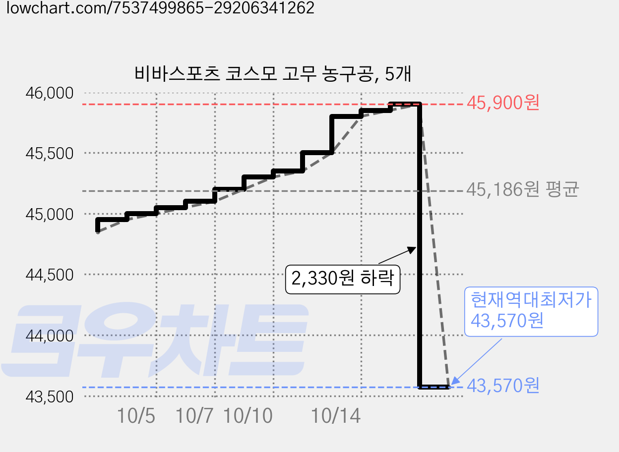 비바스포츠 코스모 고무 농구공, 5개 가격 변동 차트, 현재가 43,570원, 역대최저가