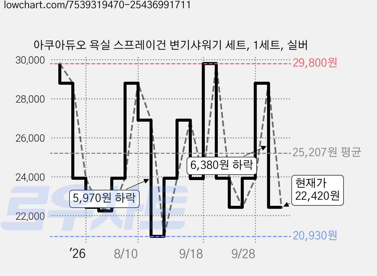 아쿠아듀오 욕실 스프레이건 변기샤워기 세트, 1세트, 실버 가격 변동 차트, 현재가 22,420원, 관측 최저가 20,930원