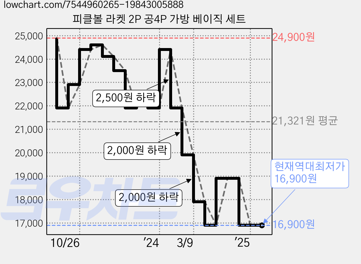 피클볼 라켓 2P 공4P 가방 베이직 세트 가격 변동 차트, 현재가 16,900원, 역대최저가
