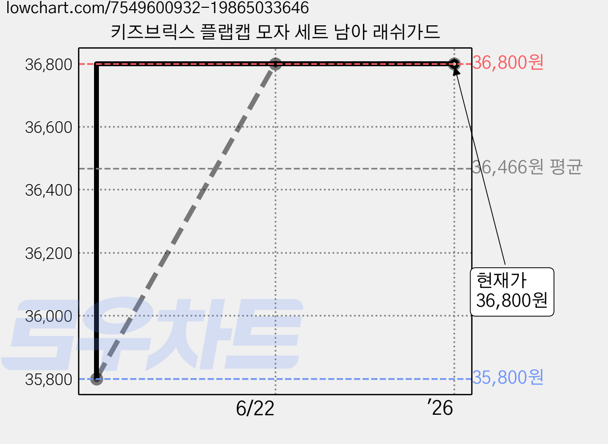 키즈브릭스 플랩캡 모자 세트 남아 래쉬가드 가격 변동 차트, 현재가 36,800원, 관측 최저가 35,800원