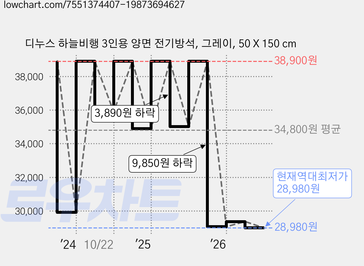 디누스 하늘비행 3인용 양면 전기방석, 그레이, 50 X 150 cm 가격 변동 차트, 현재가 28,980원, 역대최저가