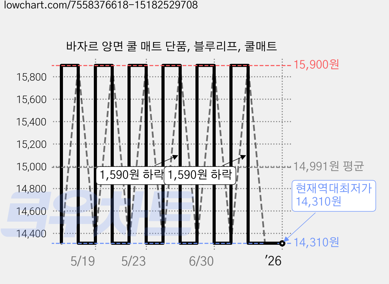 바자르 양면 쿨 매트 단품, 블루리프, 쿨매트 가격 변동 차트, 현재가 14,310원, 역대최저가