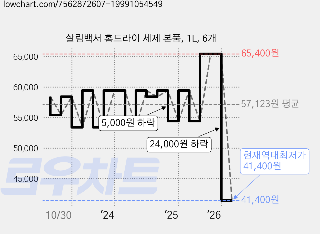 살림백서 홈드라이 세제 본품, 1L, 6개 가격 변동 차트, 현재가 41,400원, 역대최저가