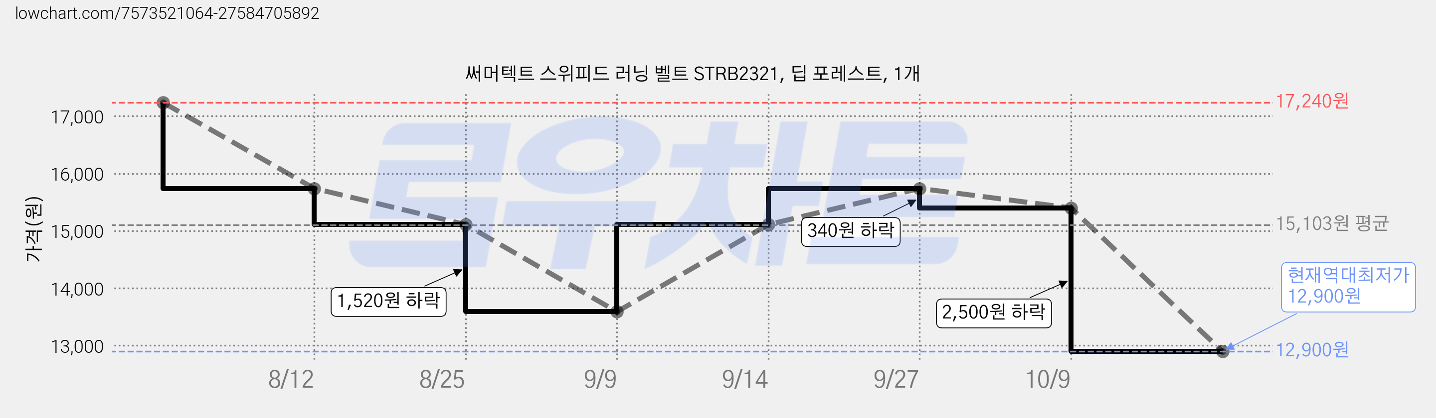 써머텍트 스위피드 러닝 벨트 STRB2321, 딥 포레스트, 1개 가격 변동 차트, 현재가 12,900원, 역대최저가