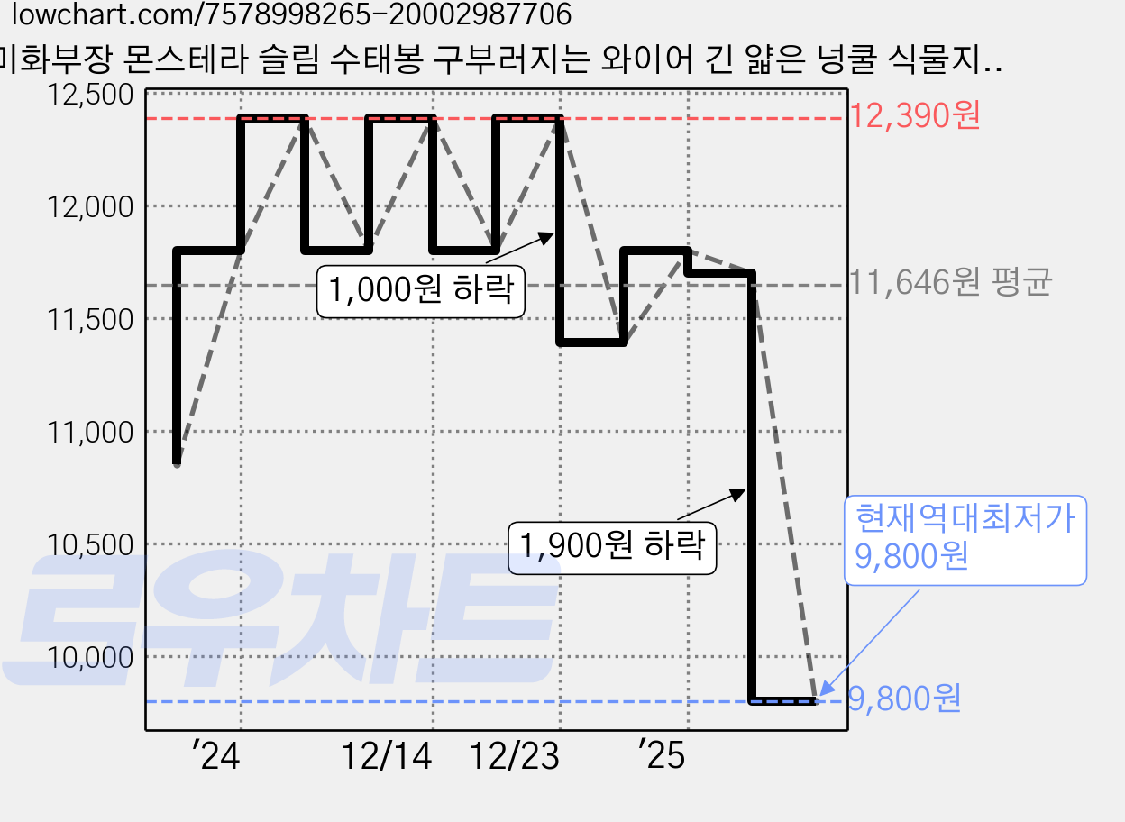 미화부장 몬스테라 슬림 수태봉 구부러지는 와이어 긴 얇은 넝쿨 식물지지대, 100cm, 1개 가격 변동 차트, 현재가 9,800원, 역대최저가