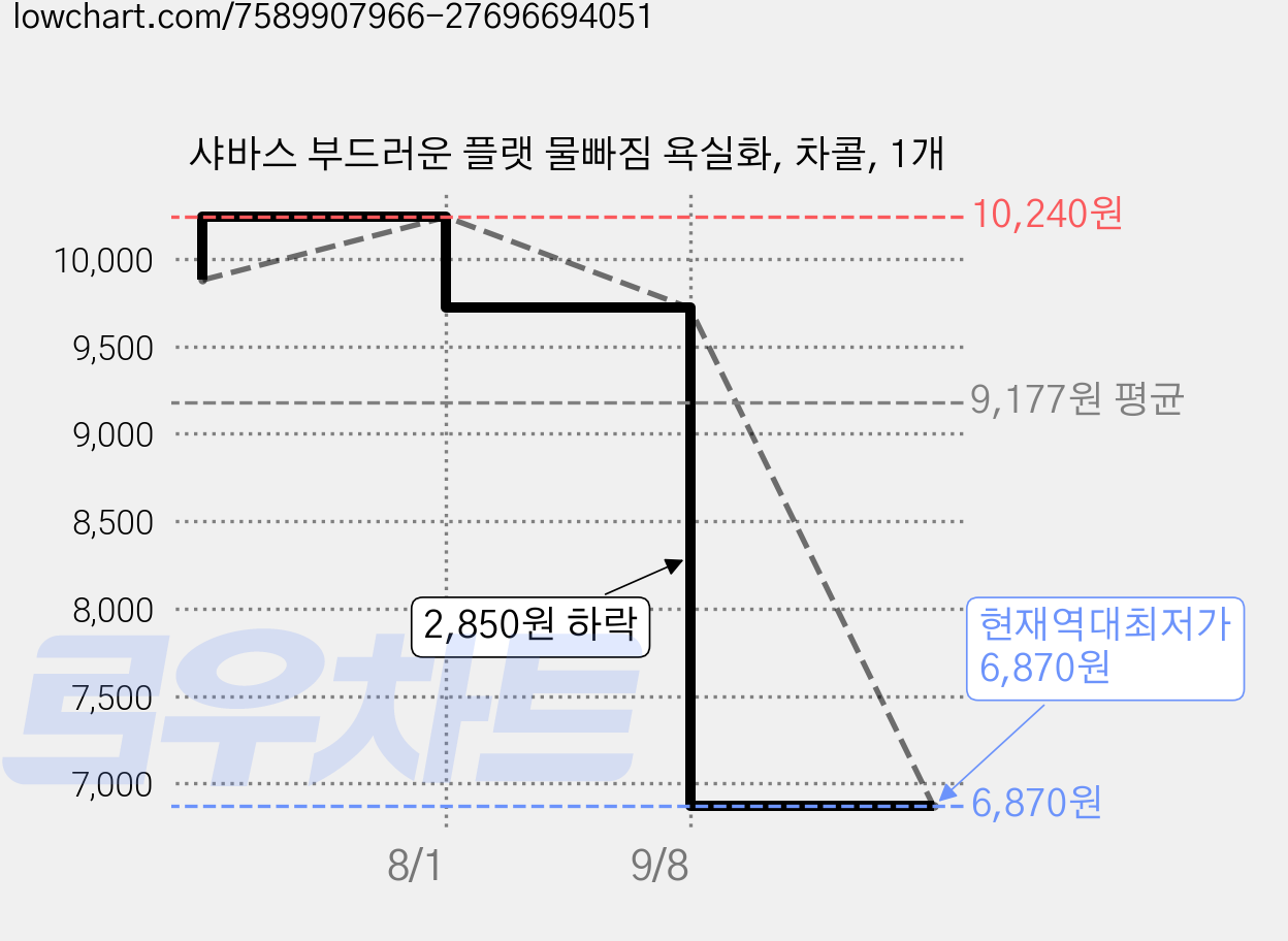 샤바스 부드러운 플랫 물빠짐 욕실화, 차콜, 1개 가격 변동 차트, 현재가 6,870원, 역대최저가