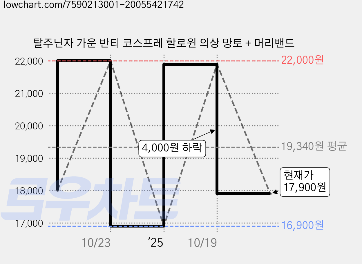탈주닌자 가운 반티 코스프레 할로윈 의상 망토 + 머리밴드 가격 변동 차트, 현재가 17,900원, 관측 최저가 16,900원