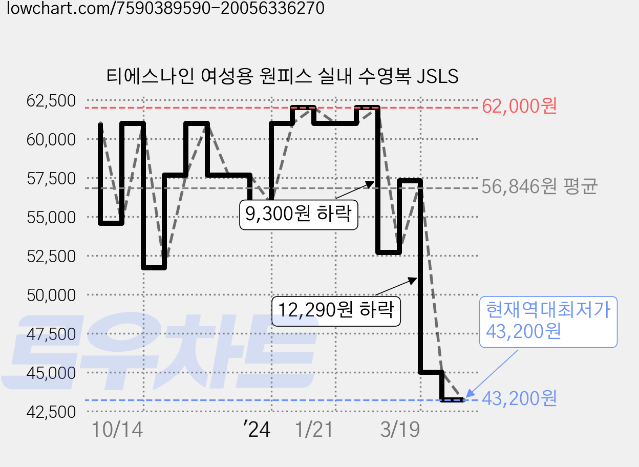 티에스나인 여성용 원피스 실내 수영복 JSLS 가격 변동 차트, 현재가 43,200원, 역대최저가
