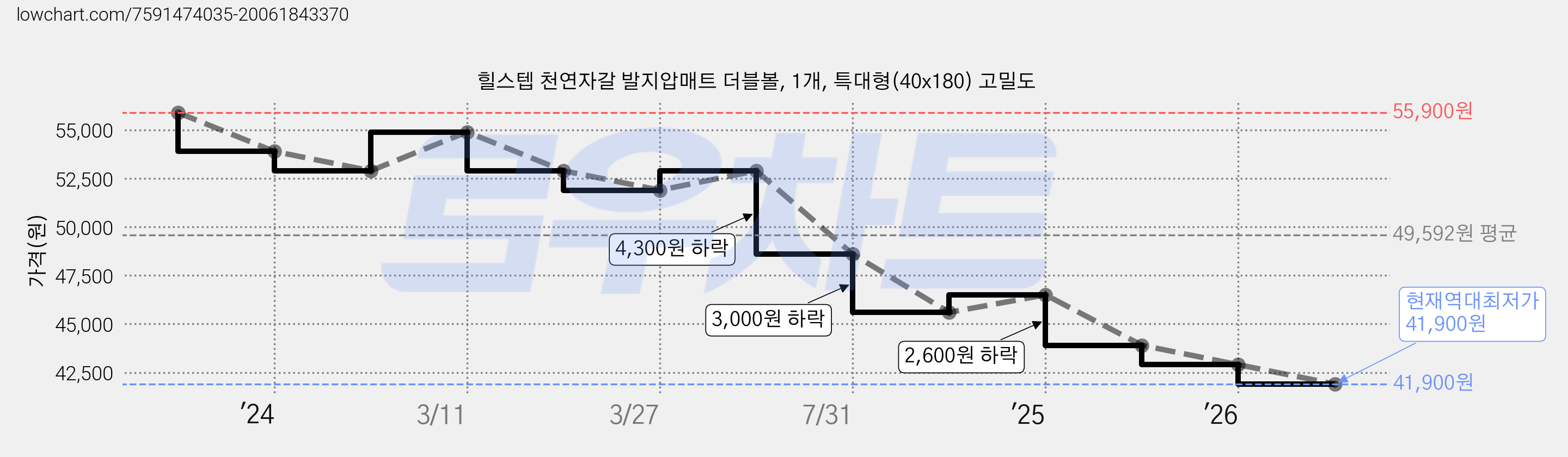 힐스텝 천연자갈 발지압매트 더블볼, 1개, 특대형(40x180) 고밀도 가격 변동 차트, 현재가 41,900원, 역대최저가