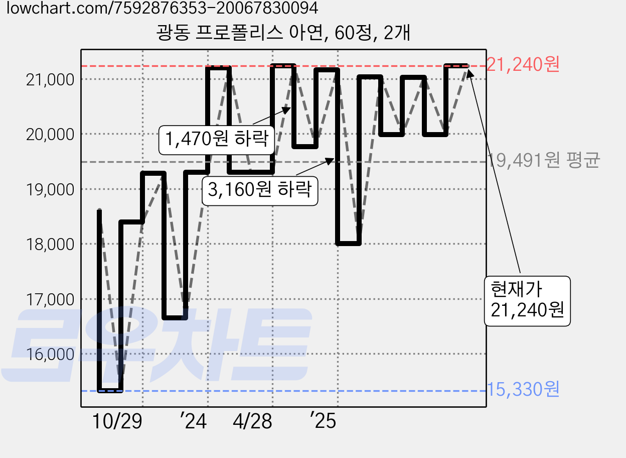 광동 프로폴리스 아연, 60정, 2개 가격 변동 차트, 현재가 21,240원, 관측 최저가 15,330원