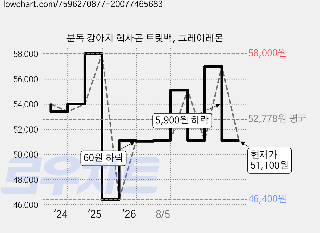 분독 강아지 헥사곤 트릿백, 그레이레몬 가격 변동 차트, 현재가 51,100원, 관측 최저가 46,400원