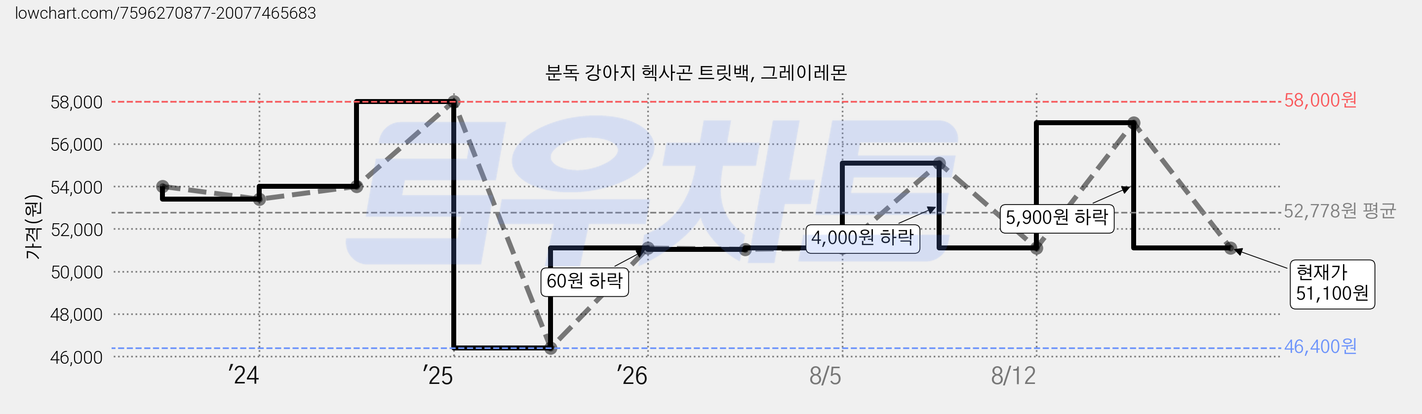 분독 강아지 헥사곤 트릿백, 그레이레몬 가격 변동 차트, 현재가 51,100원, 관측 최저가 46,400원