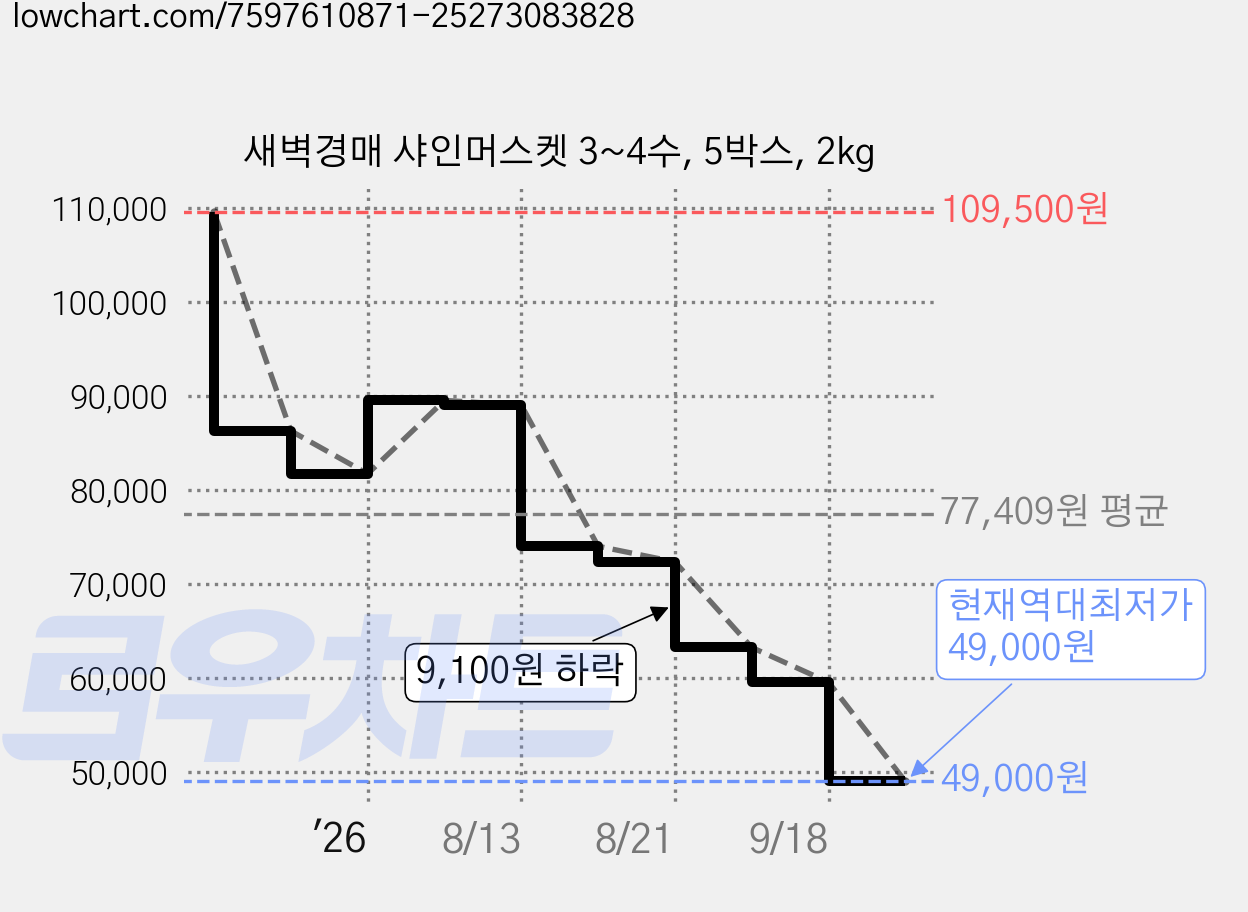 새벽경매 샤인머스켓 3~4수, 5박스, 2kg 가격 변동 차트, 현재가 49,000원, 역대최저가