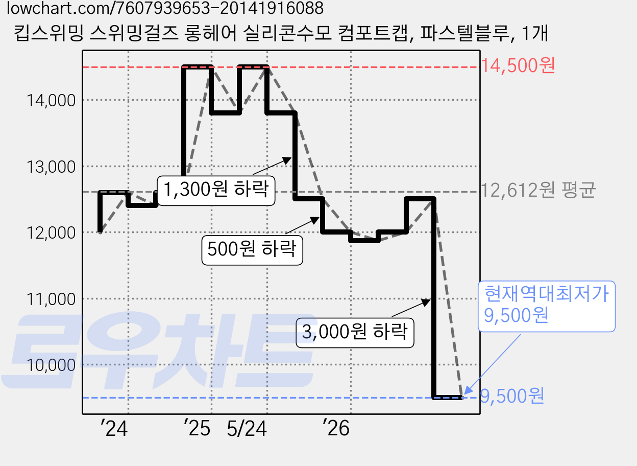킵스위밍 스위밍걸즈 롱헤어 실리콘수모 컴포트캡, 파스텔블루, 1개 가격 변동 차트, 현재가 9,500원, 역대최저가