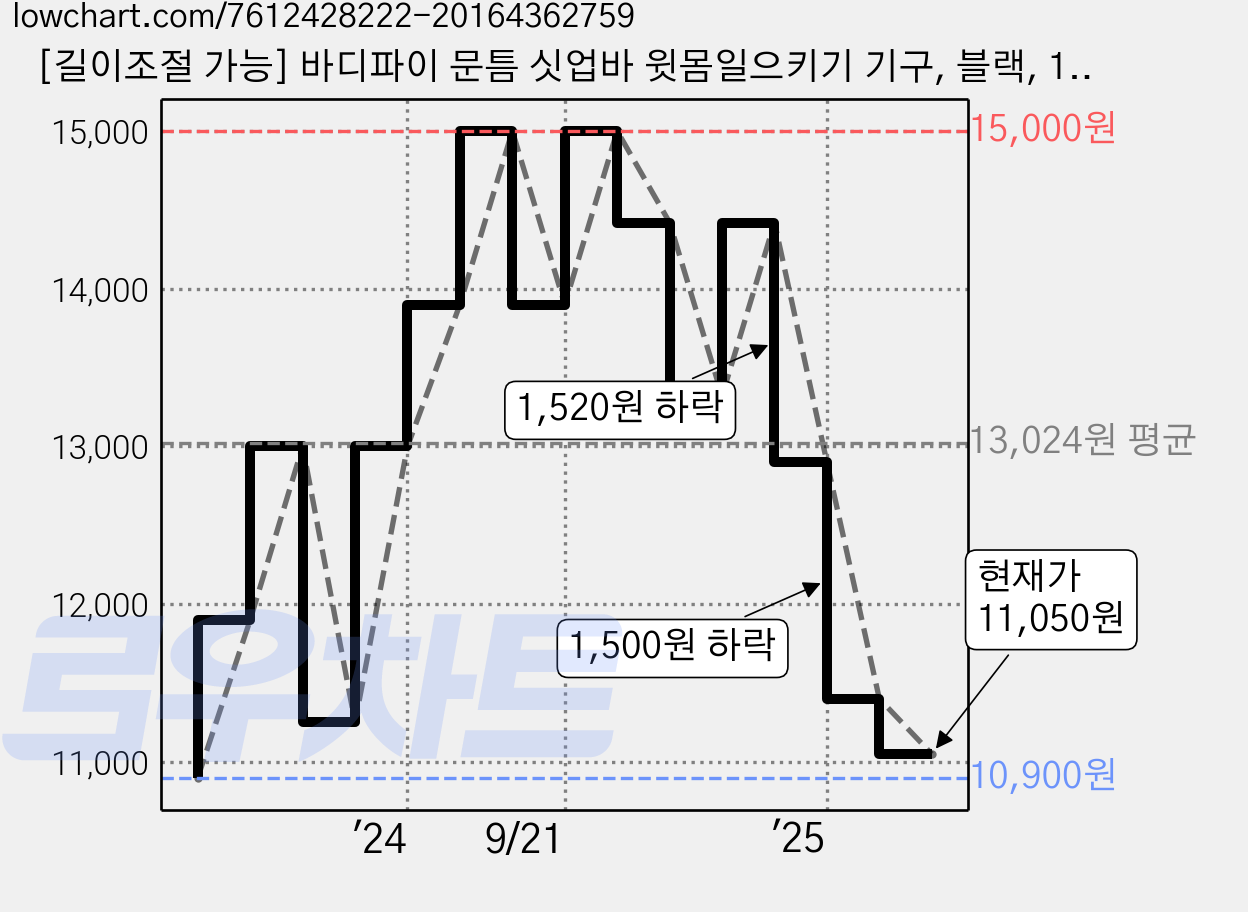 [길이조절 가능] 바디파이 문틈 싯업바 윗몸일으키기 기구, 블랙, 1개 가격 변동 차트, 현재가 11,050원, 관측 최저가 10,900원