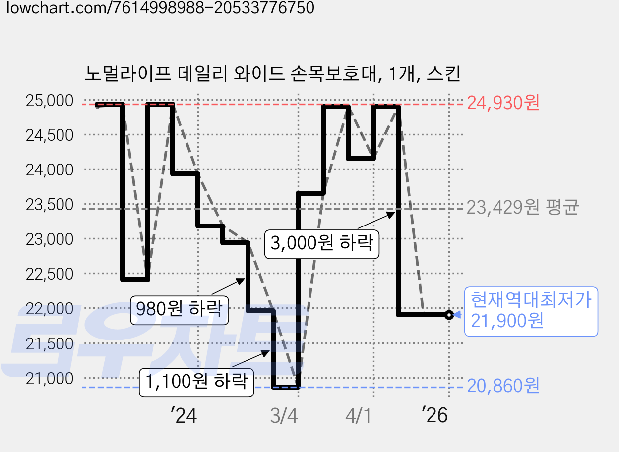 노멀라이프 데일리 와이드 손목보호대, 1개, 스킨 가격 변동 차트, 현재가 21,900원, 역대최저가
