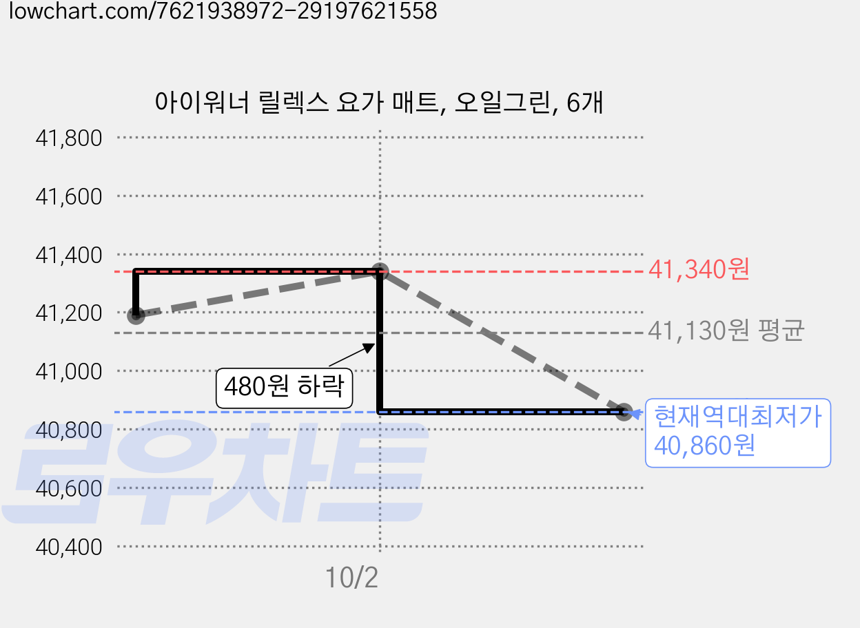 아이워너 릴렉스 요가 매트, 오일그린, 6개 가격 변동 차트, 현재가 40,860원, 역대최저가