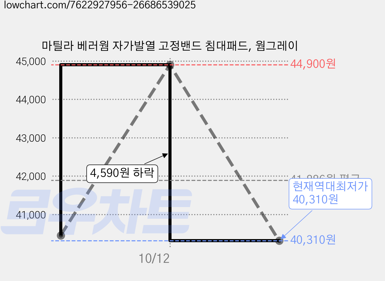 마틸라 베러웜 자가발열 고정밴드 침대패드, 웜그레이 가격 변동 차트, 현재가 40,310원, 역대최저가