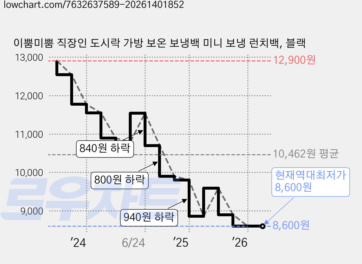 이뿜미뿜 직장인 도시락 가방 보온 보냉백 미니 보냉 런치백, 블랙 가격 변동 차트, 현재가 8,600원, 역대최저가