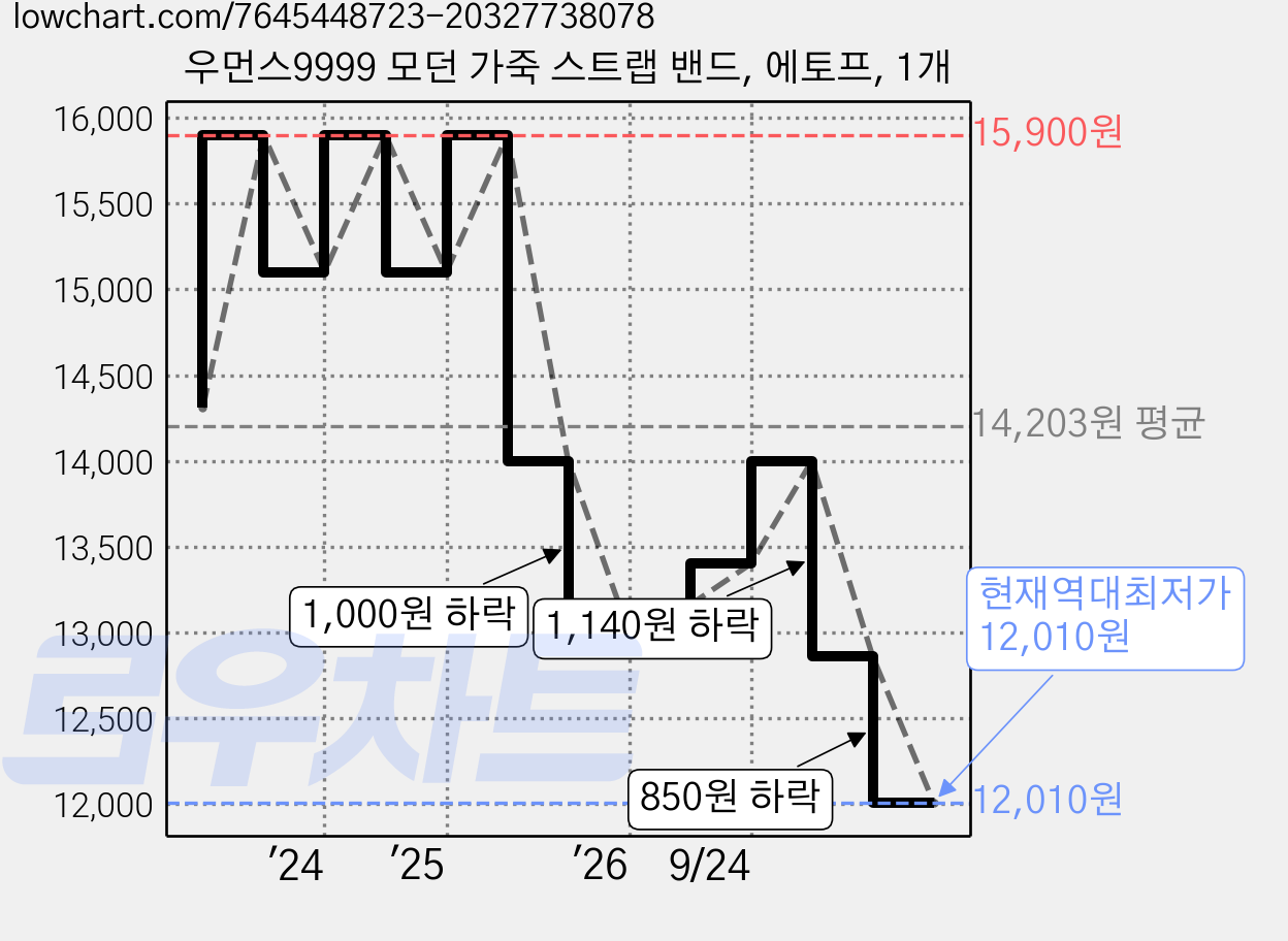 우먼스9999 모던 가죽 스트랩 밴드, 에토프, 1개 가격 변동 차트, 현재가 12,010원, 역대최저가