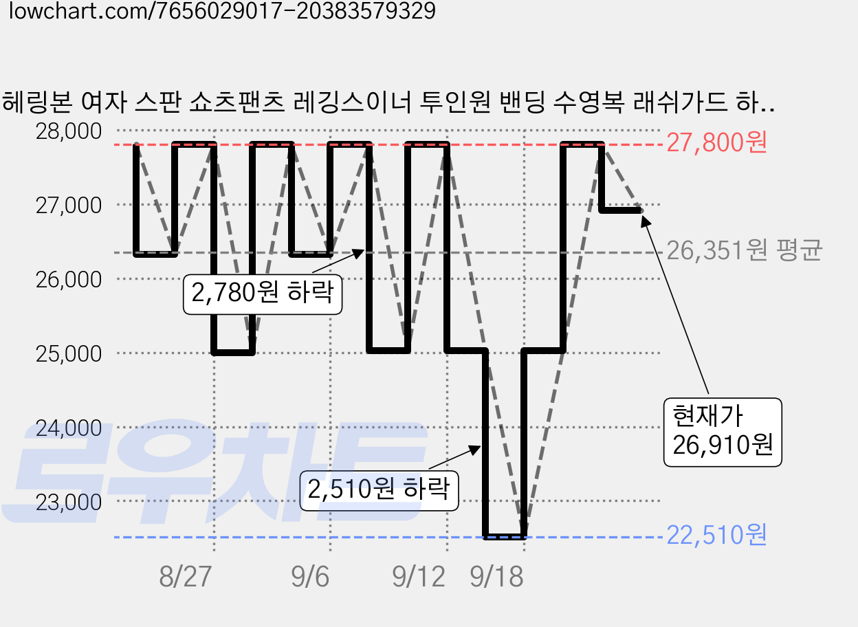 헤링본 여자 스판 쇼츠팬츠 레깅스이너 투인원 밴딩 수영복 래쉬가드 하의 보드숏 AE306W 가격 변동 차트, 현재가 26,910원, 관측 최저가 22,510원