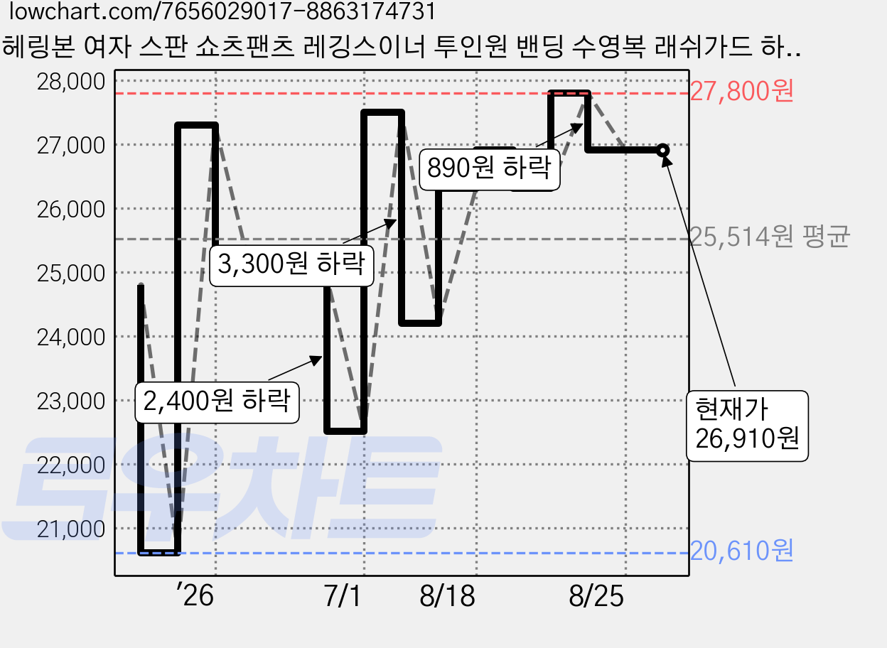 헤링본 여자 스판 쇼츠팬츠 레깅스이너 투인원 밴딩 수영복 래쉬가드 하의 보드숏 AE306W 가격 변동 차트, 현재가 26,910원, 관측 최저가 20,610원